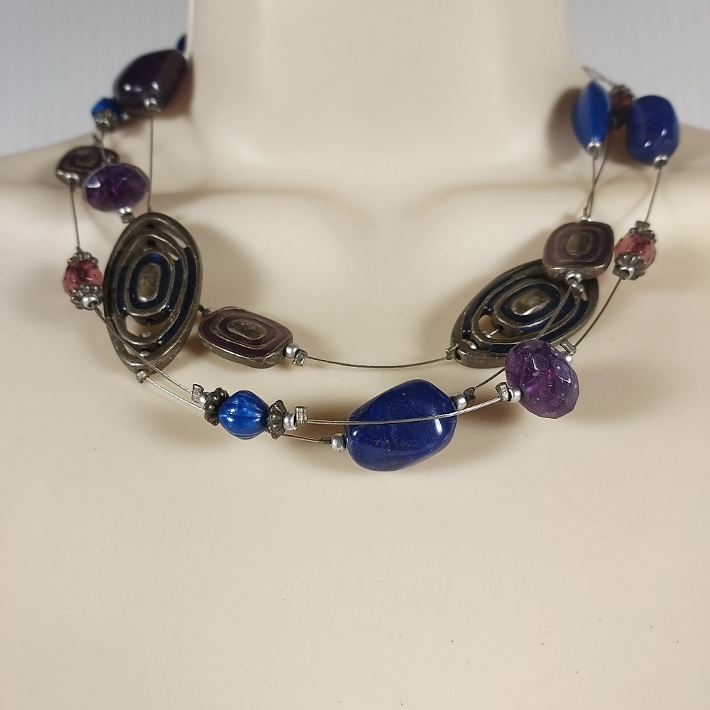 Chico's Navy Blue and Silver Wire Multi-Layer Necklace Stone Glass Boho Style - Picture 3 of 8